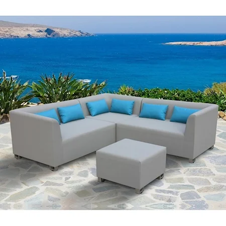 Contemporary 4-Piece Outdoor Textilene Sectional Set in Taupe with Sky Blue Accent Pillows