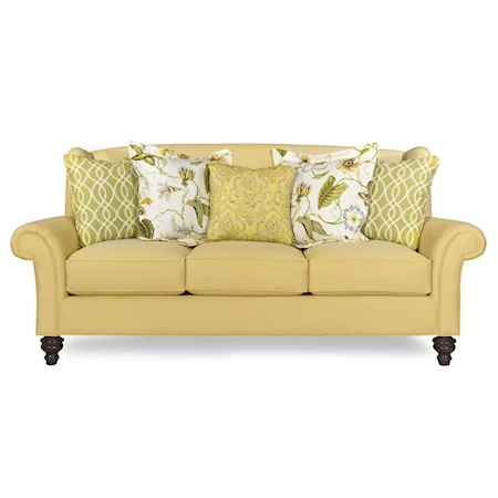 Transitional Sofa with Rolled Flair Arms and Turned Legs