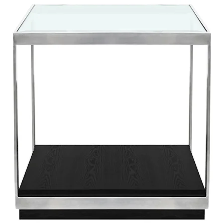 Contemporary End Table with Polished Stainless Steel and Glass Top