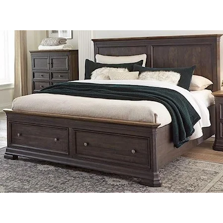 Traditional King Low Profile Bed with Footboard Storage