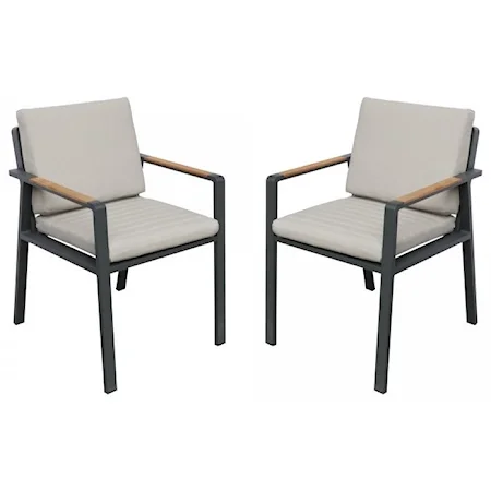 Outdoor Patio Dining Chair in Charcoal Finish with Taupe Cushions and Teak Wood Accent Arms  - Set of 2