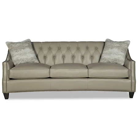 Transitional Tufted Leather Sofa with Nailhead Studs and Toss Pillows