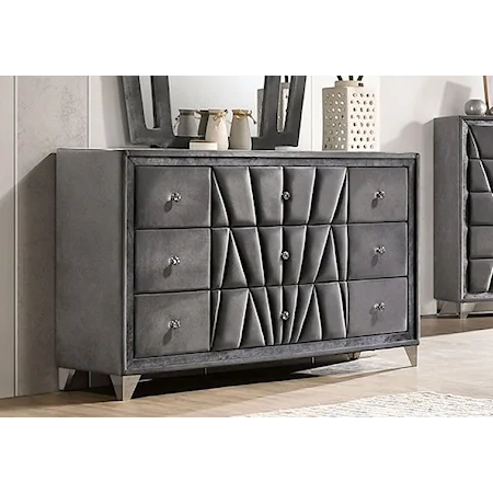 Transitional 9-Drawer Dresser with Fully Upholstered Frame