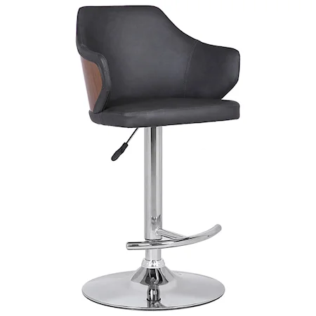 Mid-Century Adjustable Barstool in Chrome Finish with Grey Faux Leather and Walnut Wood Finish Back
