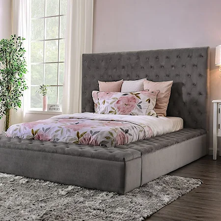 Transitional California King Upholstered Bed with Storage