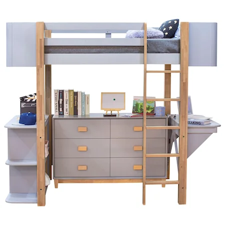 Contemporary Scandinavian Loft Bed Set with Desk and Bookshelf