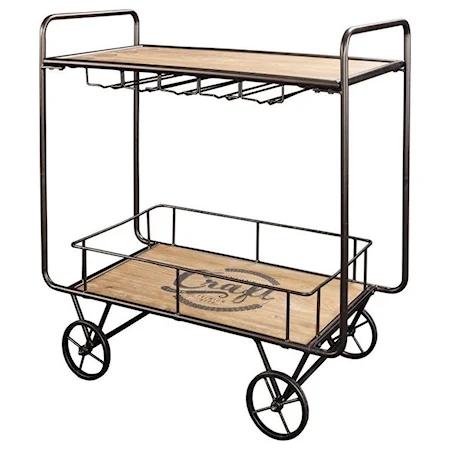 Industrial Bar Cart with Wine Glass Rack and Removable Lower Shelf