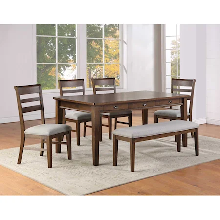 Casual 6-Piece Table, Chair, and Bench Set with 6 Drawers