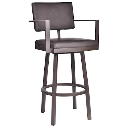 30” Bar Height Barstool with Arms in Brown Powder Coated Finish with Vintage Brown Faux Leather
