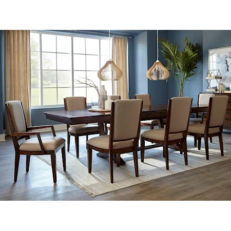9-Piece Transitional Solid Wood Dining Set with Trestle Table