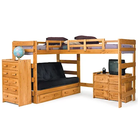 Casual Style L-Shaped Loft Bed with Built-In Futon