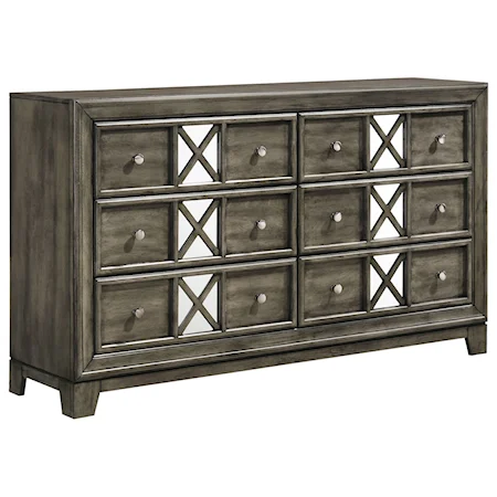 Transitional 6-Drawer Dresser with Mirrored Front
