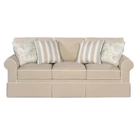 Skirted Sofa Sleeper with Rolled Arms and Queen Memory Foam Mattress