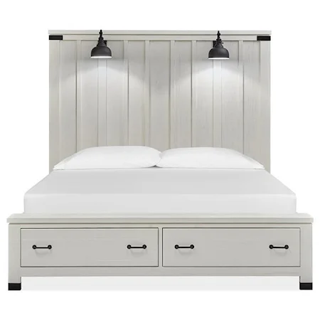 Farmhouse Industrial King Storage Panel Bed with Built-In Lighting