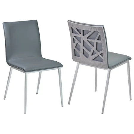 Dining Chair in Gray Faux Leather with Brushed Stainless Steel Finish and Gray Walnut Veneer Back - Set of 2