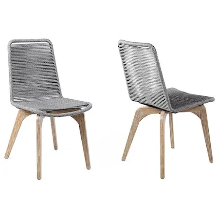 Outdoor Patio Eucalyptus Wood Dining Chair in Light Finish with Grey Rope - Set of 2