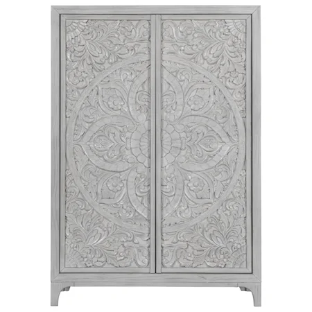 Wardrobe Chest with Intricately Patterned Doors in Washed White