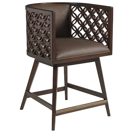 Transitional Swivel Barrel Back Counter Stool with Faux Leather Upholstery