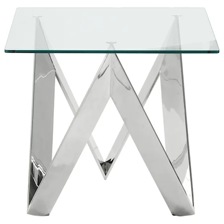 Contemporary Square End Table in Polished Steel Finish with Tempered Glass Top