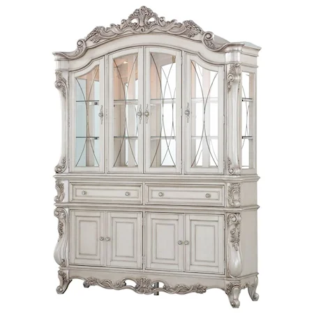 Traditional Antique White 4-Door China Hutch with Touch Lighting