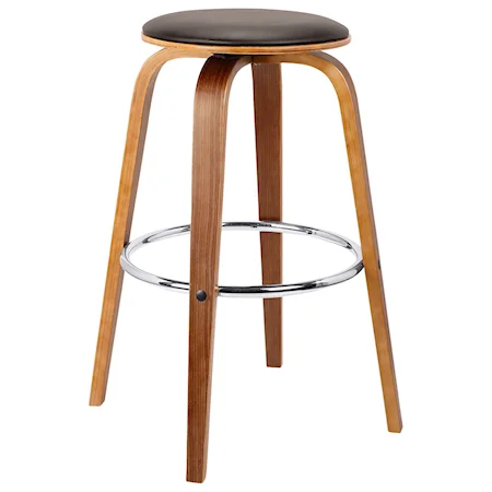 30" Mid-Century Swivel Bar Height Backless Barstool in Brown Faux Leather with Walnut Veneer