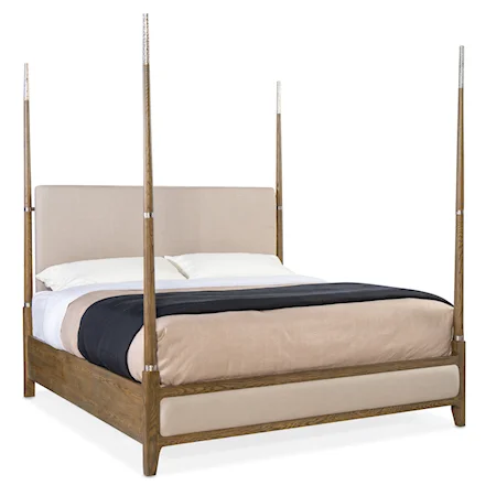 Casual California King Four Poster Bed with Upholstered Headboard
