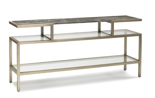 Contemporary Marble-Top Sculptural Console Table with Glass Shelves