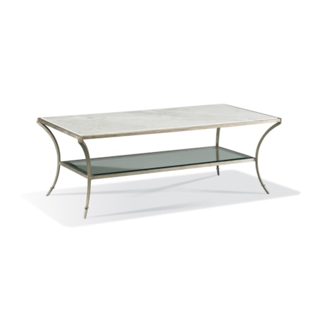 Marble-Top Cocktail Table w/Glass Mid-Shelf
