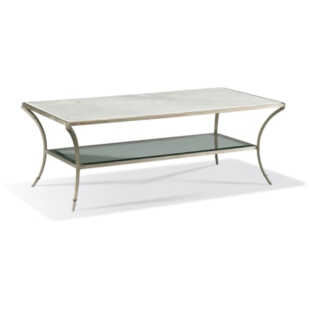 Marble-Top Cocktail Table w/Glass Mid-Shelf
