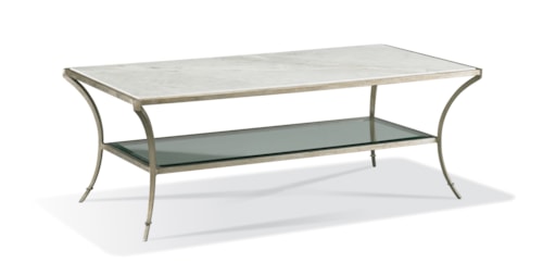 Transitional Marble-Top Cocktail Table with Glass Mid-Shelf