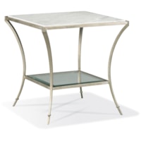 Transitional 25" Square Marble-Top End Table with Glass Mid-Shelf
