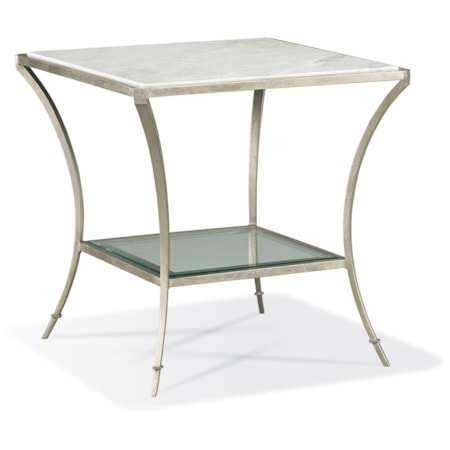 Sq. Marble-Top End Table w/Glass Mid-Shelf