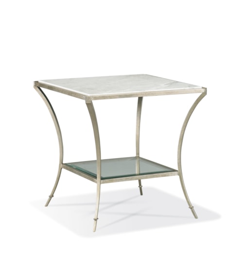 Transitional 25" Square Marble-Top End Table with Glass Mid-Shelf