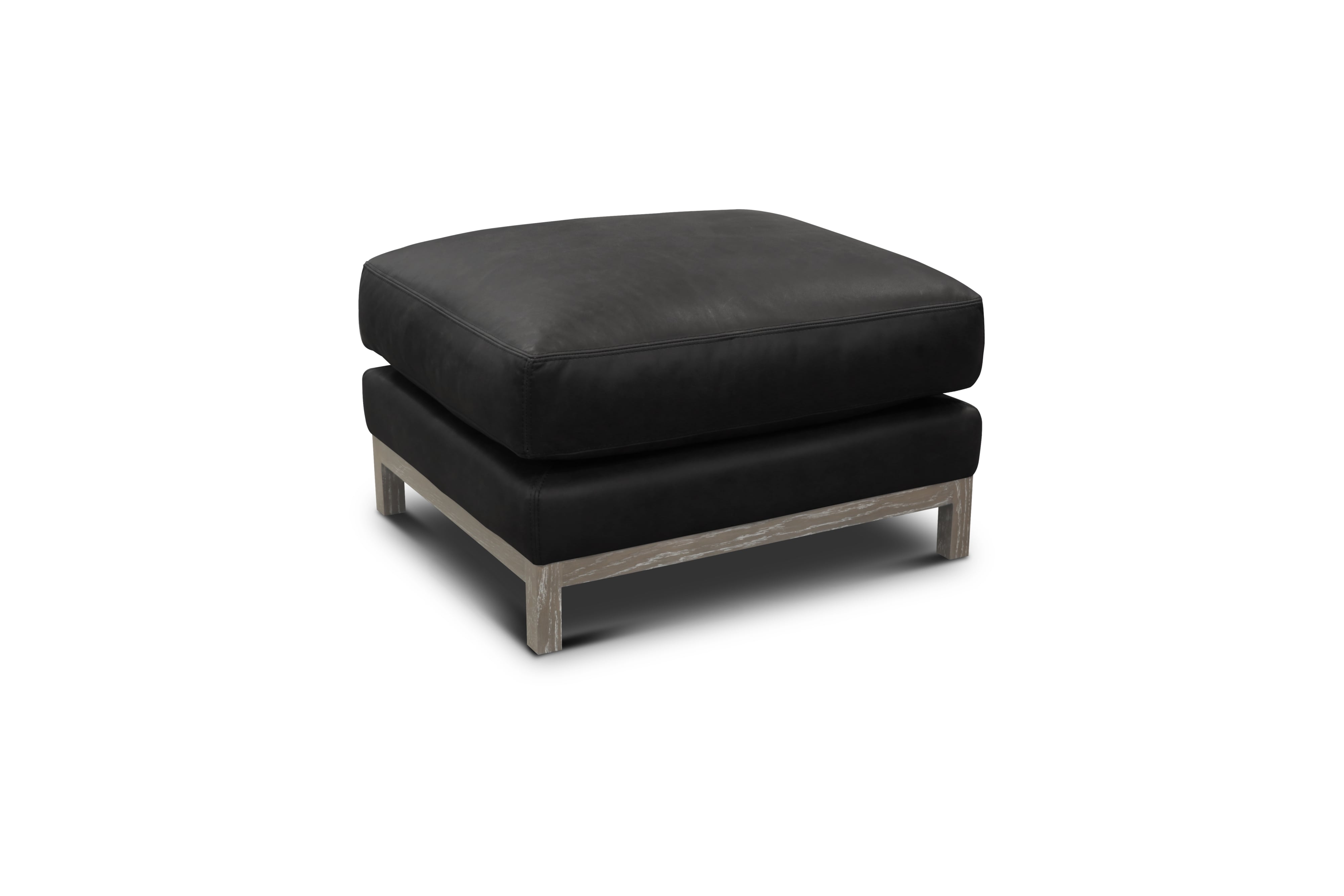 Leather Ottoman w/Distressed Solid Wood Base