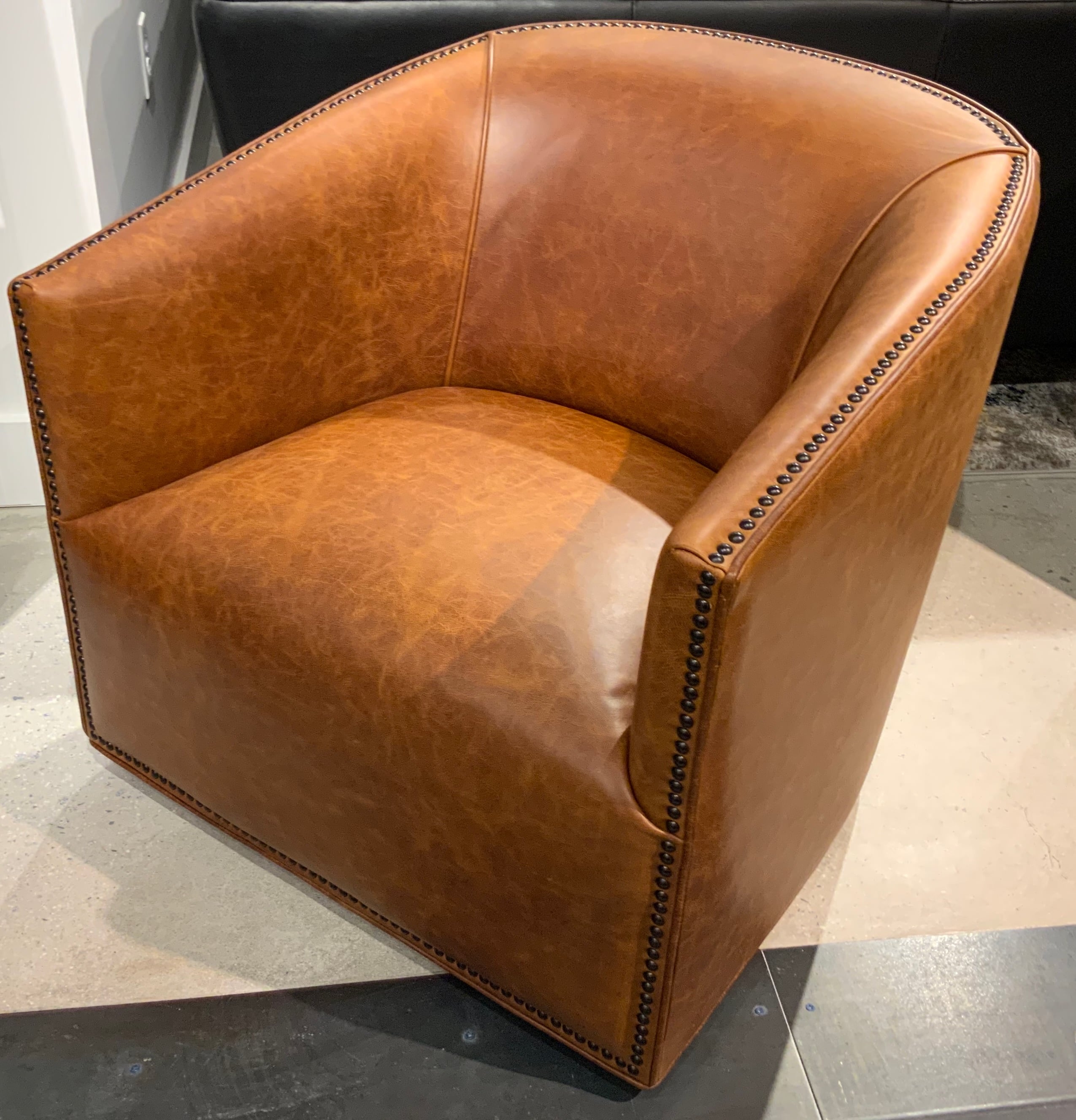 Leather Barrel-Back Swivel Chair w/Nailheads