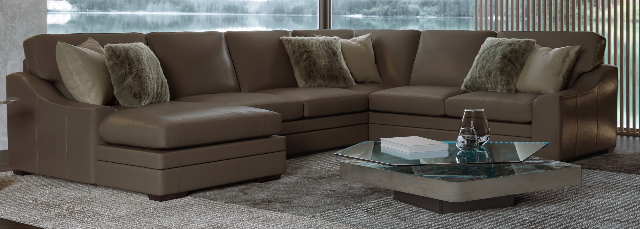 4-pc. Leather U-Shape Sectional w/Block Feet