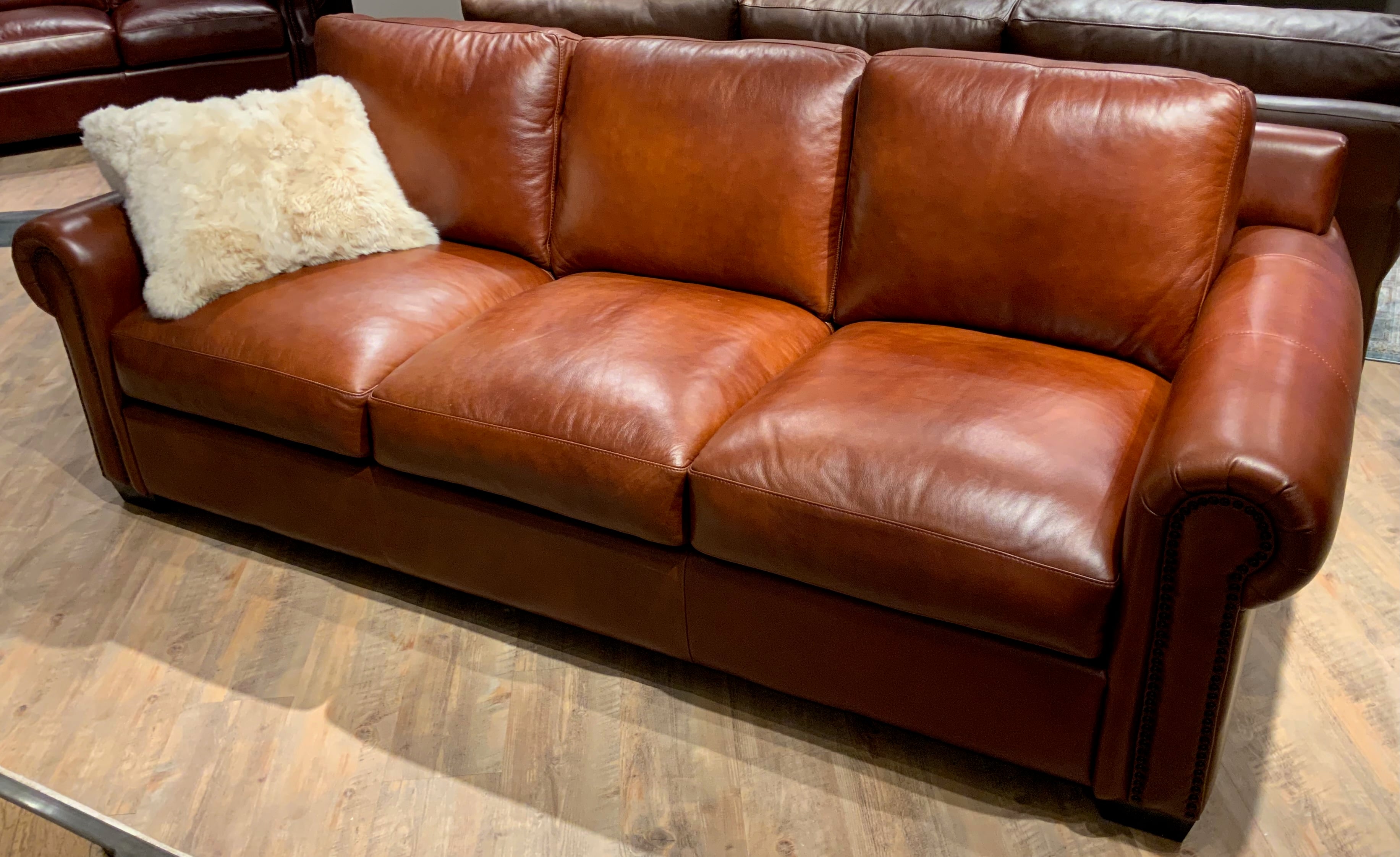 Leather Rolled Arm Sofa w/Nailheads