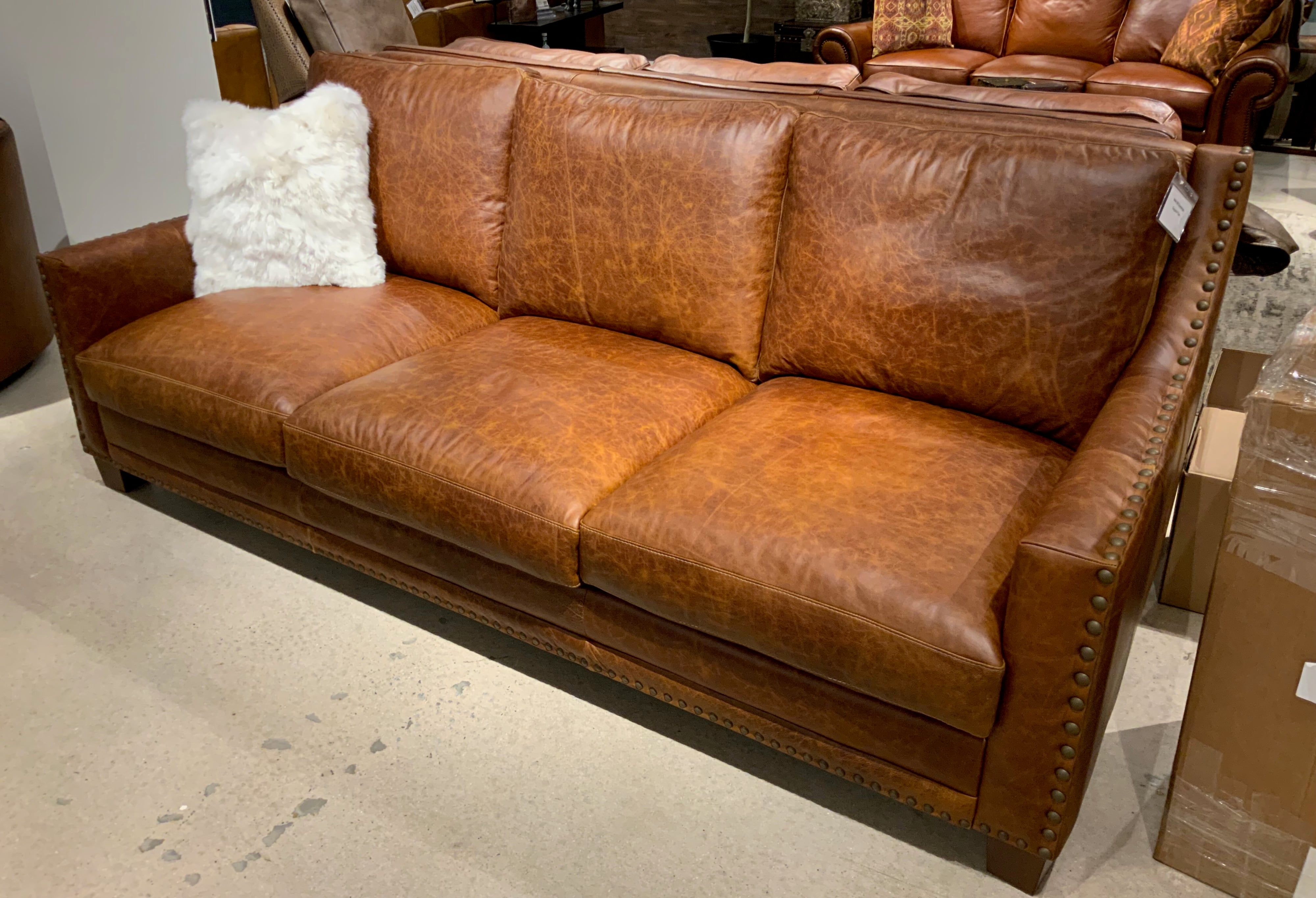 Leather Slope-Arm Sofa w/Nailheads