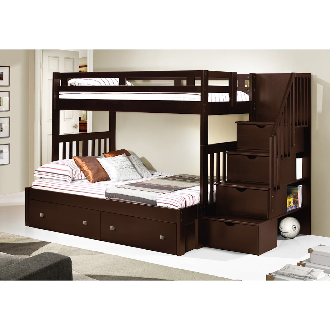 Donco Trading Co Bunkbeds Cappuccino Twin/Twin Tall Mission Stairway B