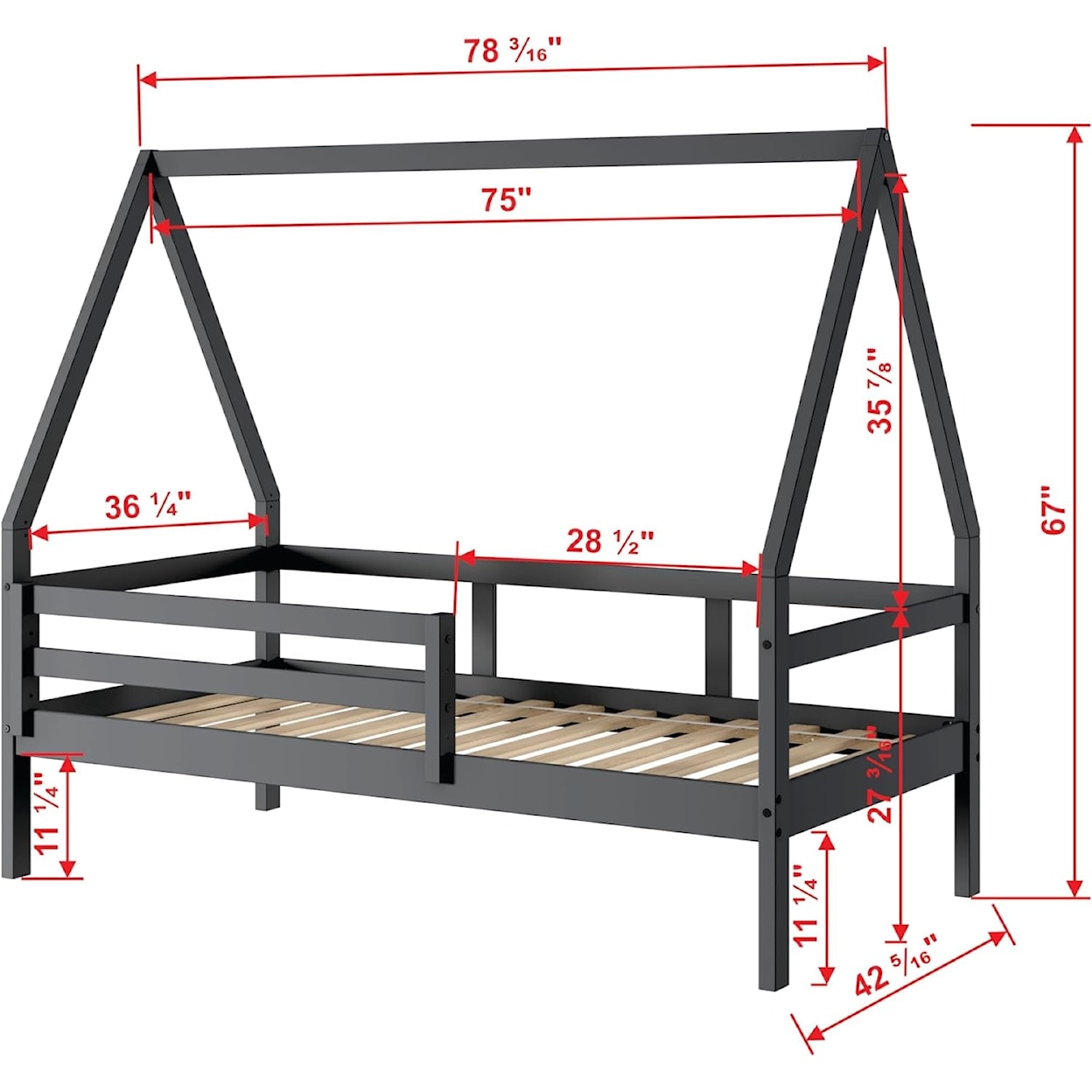 Donco Trading Co Tree House A-Frame Modern Twin Dark Grey House Bed