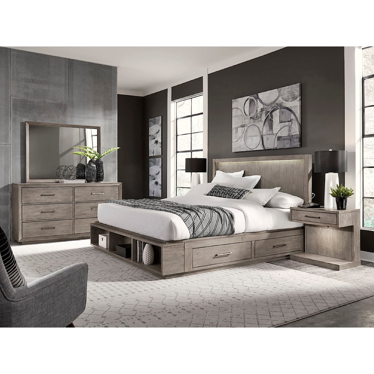 Aspenhome Platinum Queen Bed, Dresser, Mirror