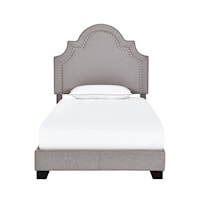 Transitional Queen Anne Nailhead Trim Upholstered Twin Bed in Smoke Gray