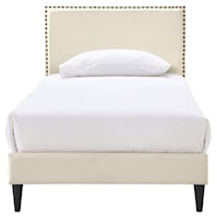 Transitional Nailhead Trim Upholstered Twin-Sized Platform Bed in Beige