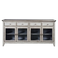 Four Door Farmhouse Credenza with Wire Mesh Door Inserts in Soft Periwinkle Blue