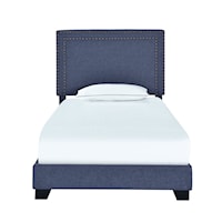 Transitional Denim Blue Upholstered Twin Bed with Double Nail Head Trim