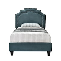 Transitional Nailhead Marquee Upholstered Twin Bed in Jasper Blue