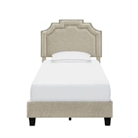 Transitional Nailhead Marquee Upholstered Twin Bed in Beige Linen