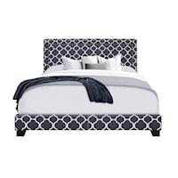 Coastal Marine Quatrefoil Upholstered Queen Bed with Double Nail Head Trim