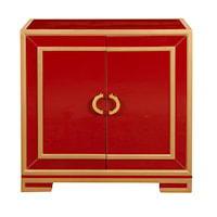 Two Door Reverse Painted Glass Accent Chest in Red and Gold