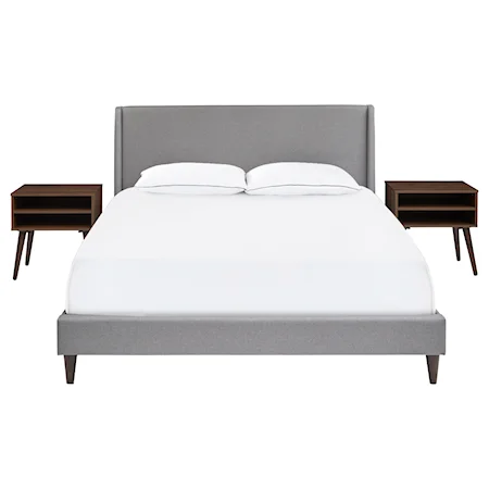 Mid-Century Modern Queen Wing Bed and Double Nightstand Set